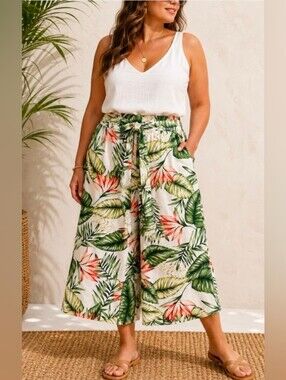 RD+koko 100% Linen Tropical Botanical Wide-Leg Pants Culottes Resortwear Sz 1X